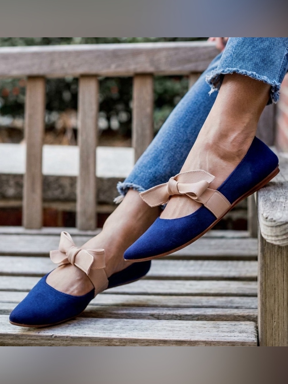 Rothy's The Mary Jane Pointed Toe Flat Sapphire Blue Tan Bow Size 12.5